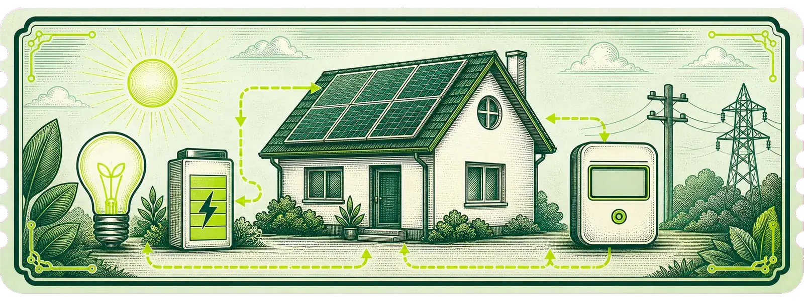 Casă cu panouri solare, contor inteligent, baterie și fluxuri de energie verde